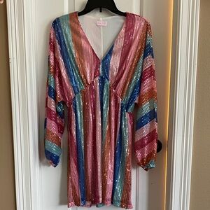 Pink Lily Multicolor Sequin V-Neck Long Sleeve Mini Dress